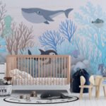 Papier peint – Baleine bleue, hippocampe et coraux
