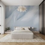 Papier peint – Plumes blanches sur fond bleu grisé
