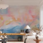 Papier peint – Touches pastel bleu, rose et jaune