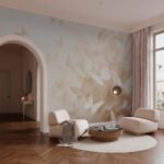 Papier peint – Pétales blancs sur fond beige