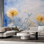Papier peint – Fleurs jaunes sur fond bleu aquarellé