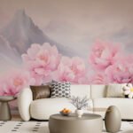 Papier peint – Fleurs roses et montagnes pastel