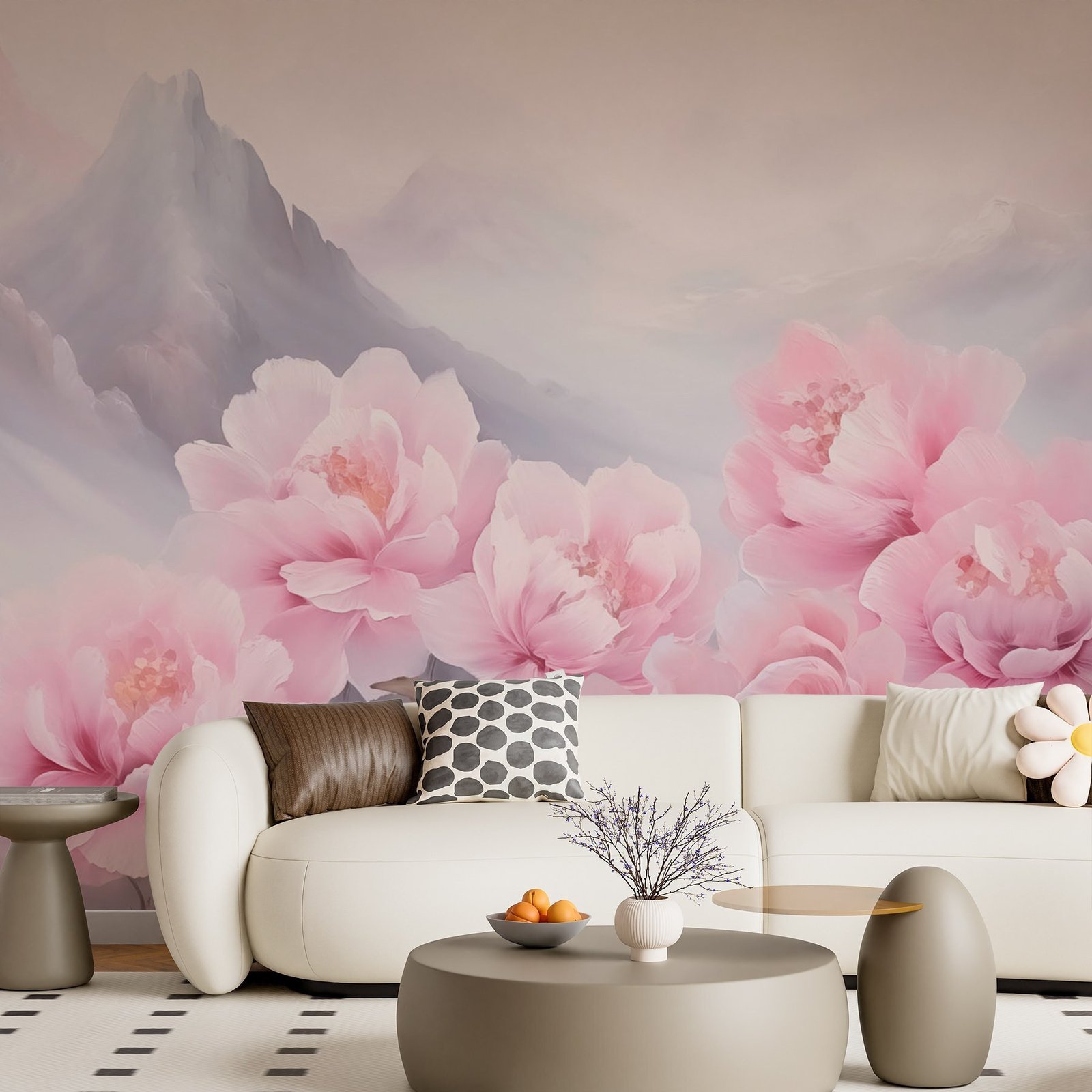 w03852pig33ms.jpg Papier peint – Fleurs roses et montagnes pastel – Image 1