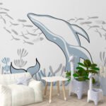 Papier peint – Grande baleine bleue et petits poissons