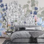 Papier peint – Fleurs blanches et bleues au trait
