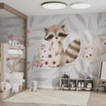 Papier peint – Raton laveur et feuillage blanc