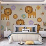 Papier peint – Lions et fleurs multicolores