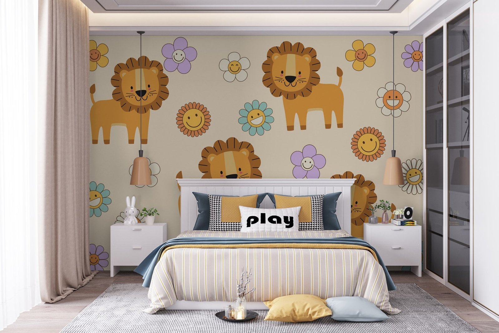 w03863pir15mr.jpg Papier peint – Lions et fleurs multicolores – Image 1