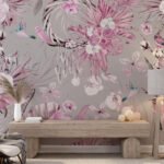 Papier peint – Oiseaux et floraison rose sur fond gris