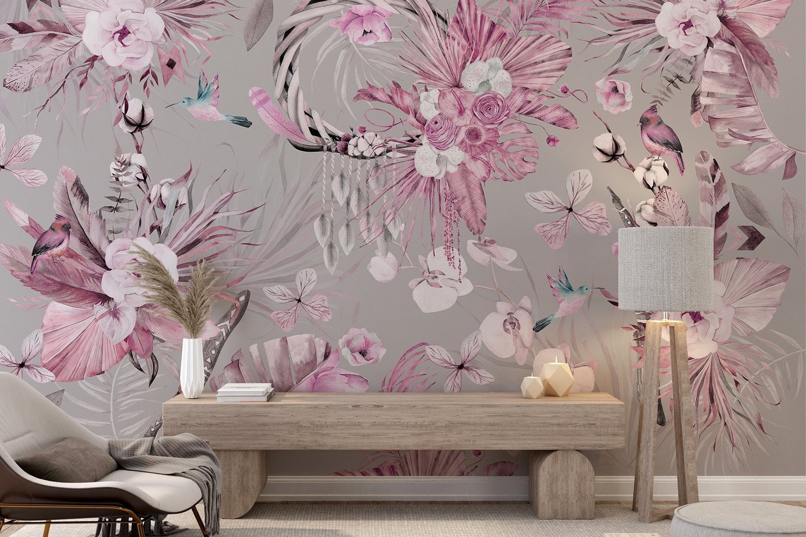 w03885v1pig1r.jpg Papier peint – Oiseaux et floraison rose sur fond gris – Image 1