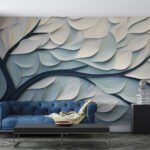 Papier peint – Arbre bleu et feuilles blanches en relief