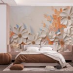 Papier peint – Fleurs crème et feuillage orange en relief
