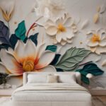 Papier peint – Fleurs blanches et feuilles colorées en relief
