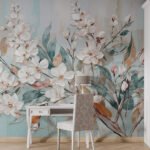Papier peint – Fleurs blanches et feuillage pastel