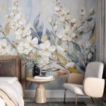Papier peint – Fleurs blanches et feuillage bleu grisé