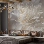 Papier peint – Fleur nacrée et perles en relief