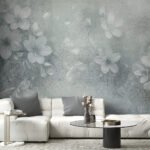 Papier peint – Motif floral blanc sur fond gris patiné