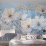 Papier peint – Fleurs blanches sur fond bleu pastel