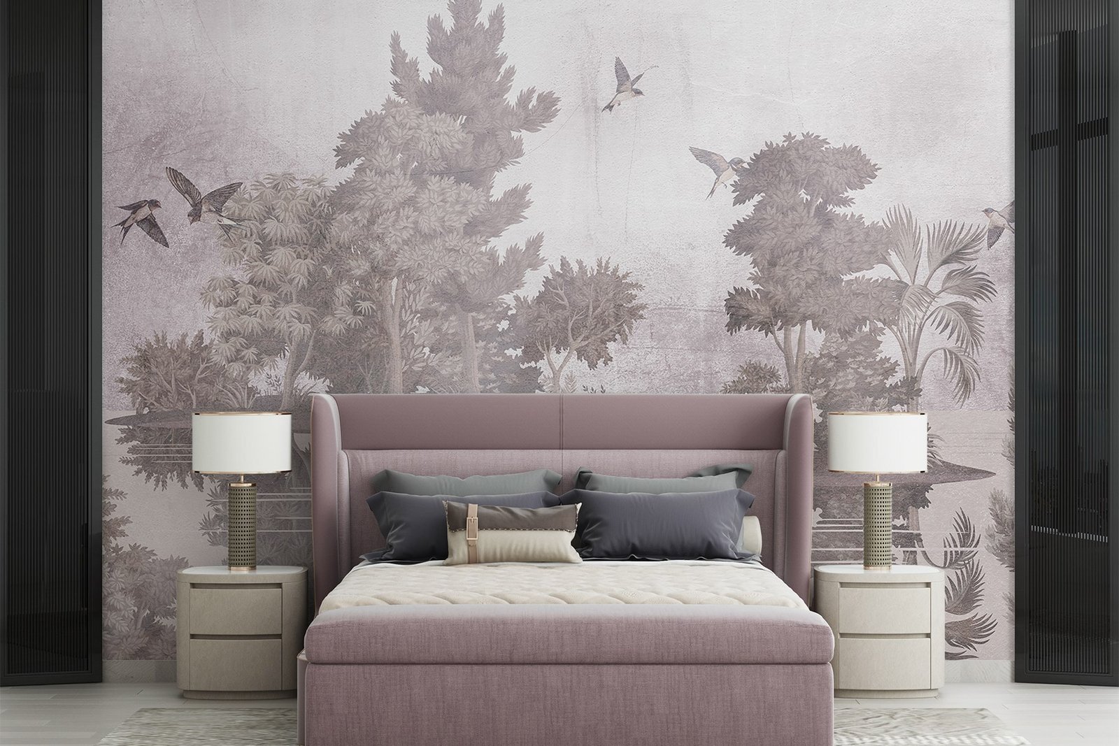 w08426pib11mr.jpg Papier peint – Conifères mauves et oiseaux – Image 1