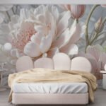 Papier peint – Pivoine rose et détails dorés en relief