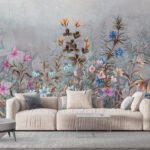 Papier peint – Prairie fleurie multicolore sur fond gris
