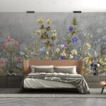 Papier peint – Prairie fleurie jaune et violette sur fond gris