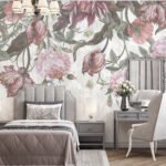 Papier peint – Fleurs roses et feuillage vert au trait