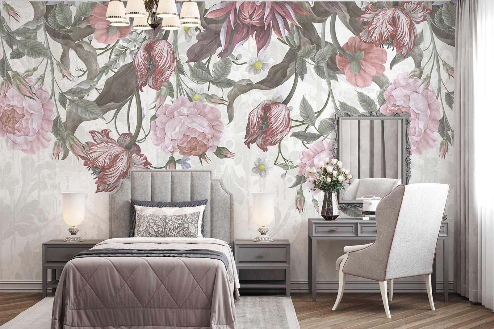 w08435pib1r.jpg Papier peint – Fleurs roses et feuillage vert au trait – Image 1