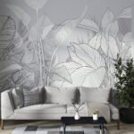 Papier peint – Feuilles blanches aux nervures fines sur fond gris