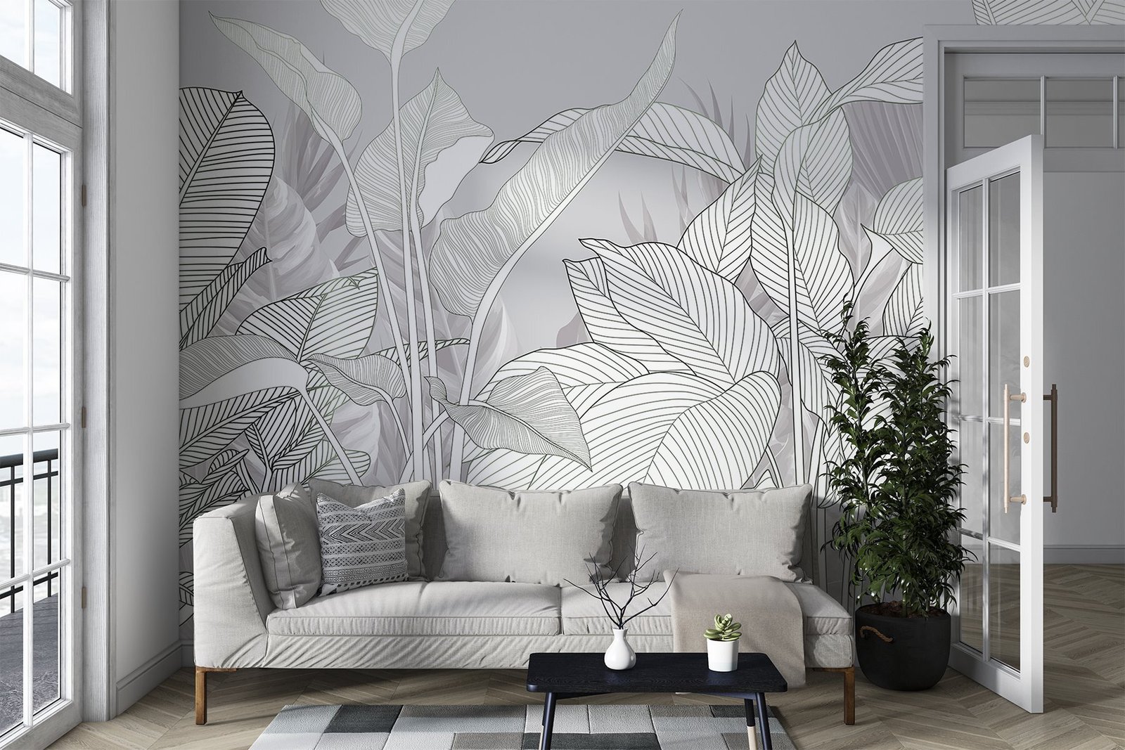 w08436pig15r.jpg Papier peint – Feuilles blanches aux nervures fines sur fond gris – Image 1