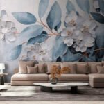 Papier peint – Hortensias blancs et feuilles bleues