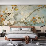 Papier peint – Branche fleurie blanche sur fond bleu patiné