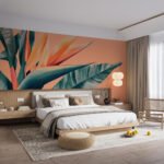 Papier peint – Feuillage tropical orange sur fond turquoise