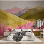 Papier peint – Collines vertes et fleurs roses