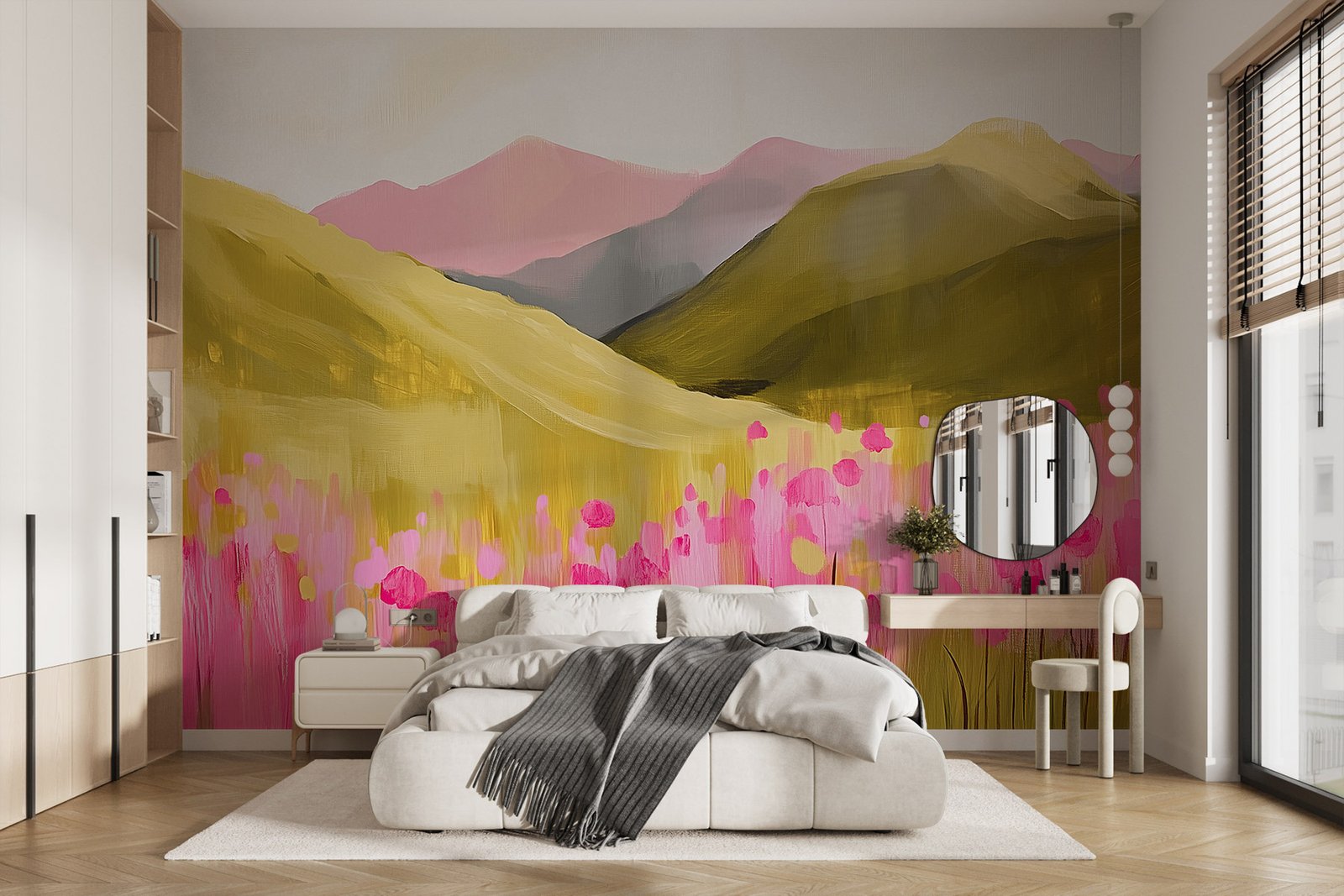 w08456pib1r.jpg Papier peint – Collines vertes et fleurs roses – Image 1