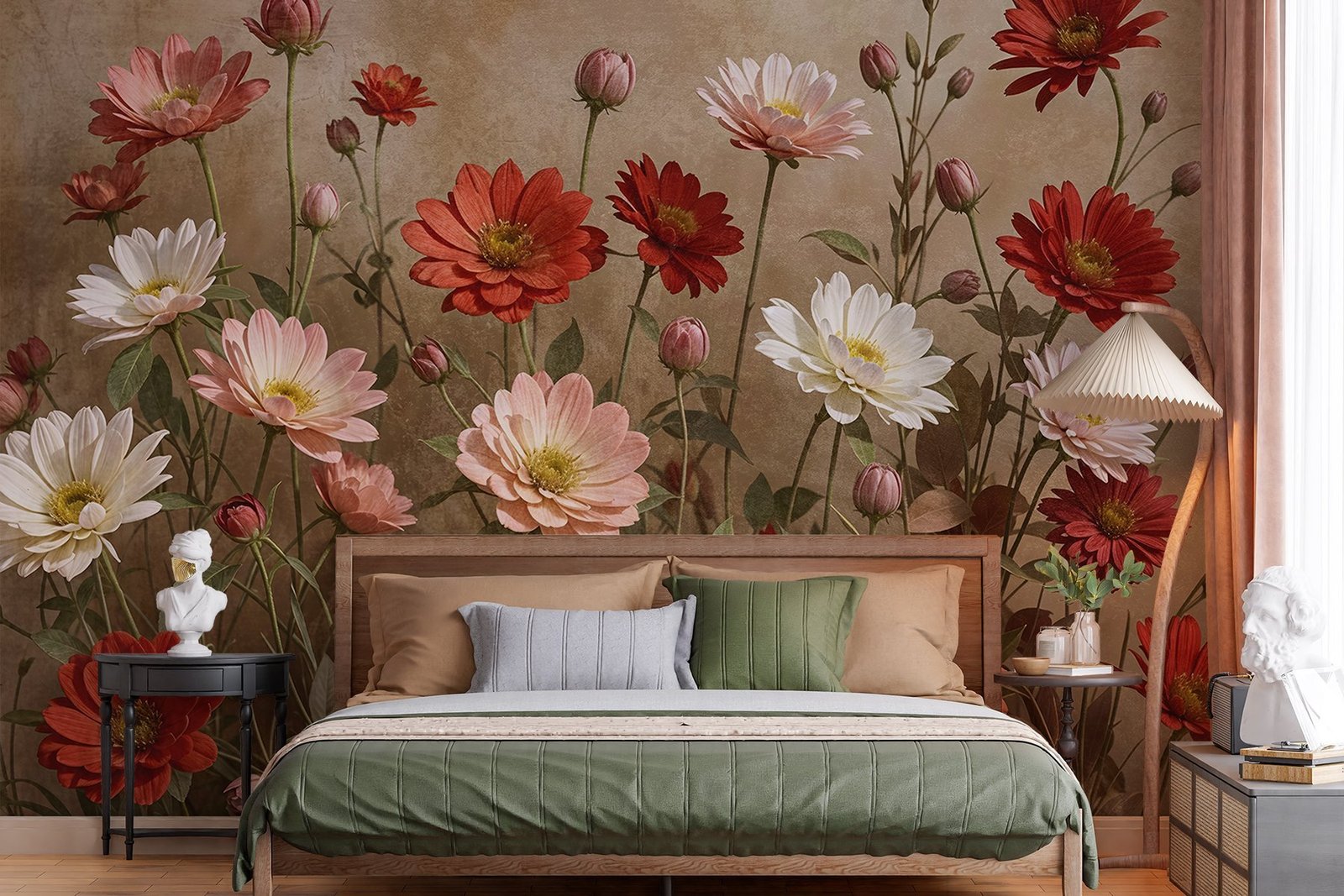 w08462pib12r.jpg Papier peint – Marguerites rouges, roses et blanches – Image 1