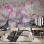 Papier peint – Lotus roses dessinés sur fond gris