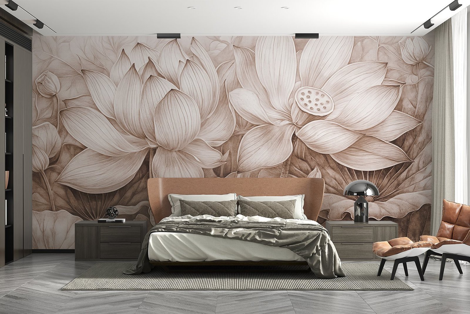w08465v1pib2mr.jpg Papier peint – Lotus dessinés aux tons beige – Image 1