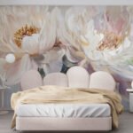 Papier peint – Fleurs blanches aux étamines dorées