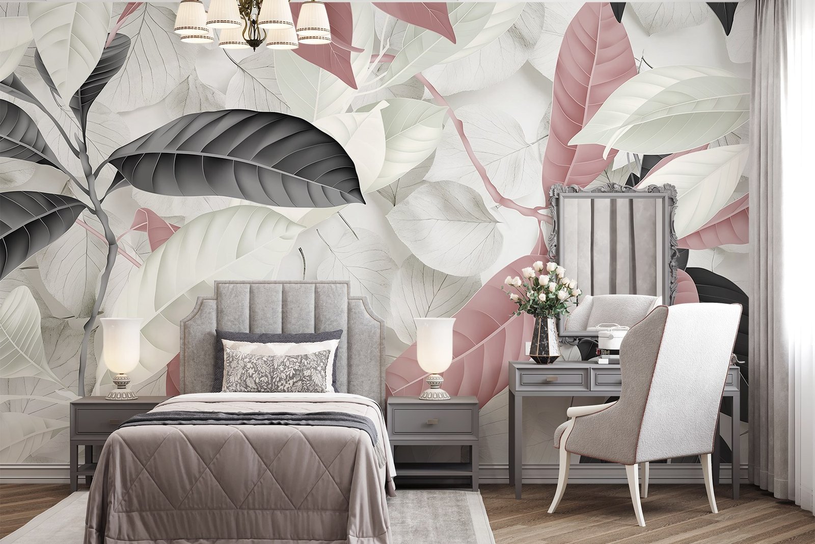 w08468pib11r.jpg Papier peint – Feuilles tropicales grises, blanches et roses – Image 1