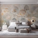 Papier peint – Branche aux feuilles rondes beige et gris