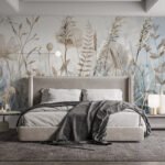 Papier peint – Fleurs champêtres dorées sur fond bleu