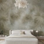 Papier peint – Feuillage vert olive sur fond patiné