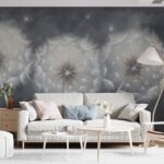 Papier peint – Pissenlits blancs sur fond gris nuit