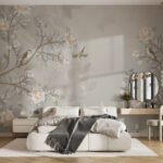Papier peint – Branches fleuries grises et beiges