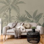Papier peint – Palmes vert grisé sur fond beige