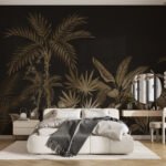 Papier peint – Palmiers dorés sur fond brun sombre