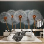 Papier peint – Trois pissenlits blancs sur fond vert sombre