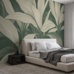 Papier peint – Grandes feuilles crème sur fond vert