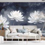Papier peint – Lotus blancs sous un ciel étoilé